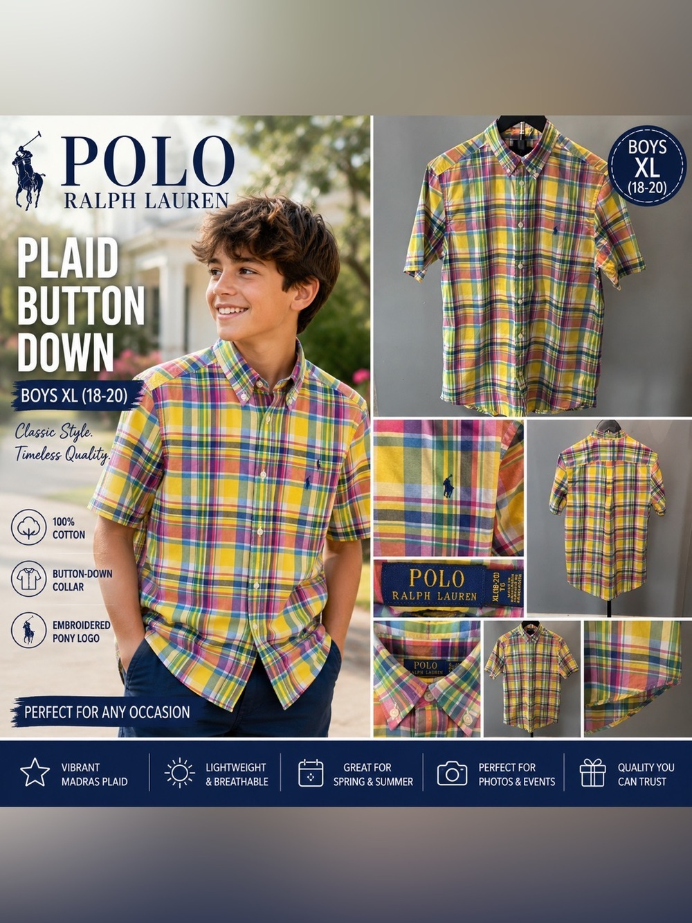 Polo Ralph Lauren Boys XL (18-20) Multicolor Plaid Button Down Shirt